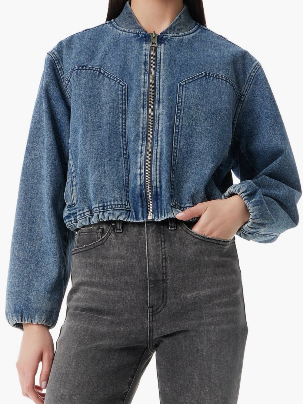 Robert Rodriguez Cropped Blue Denim Bomber Jacket - Picture 2 of 3